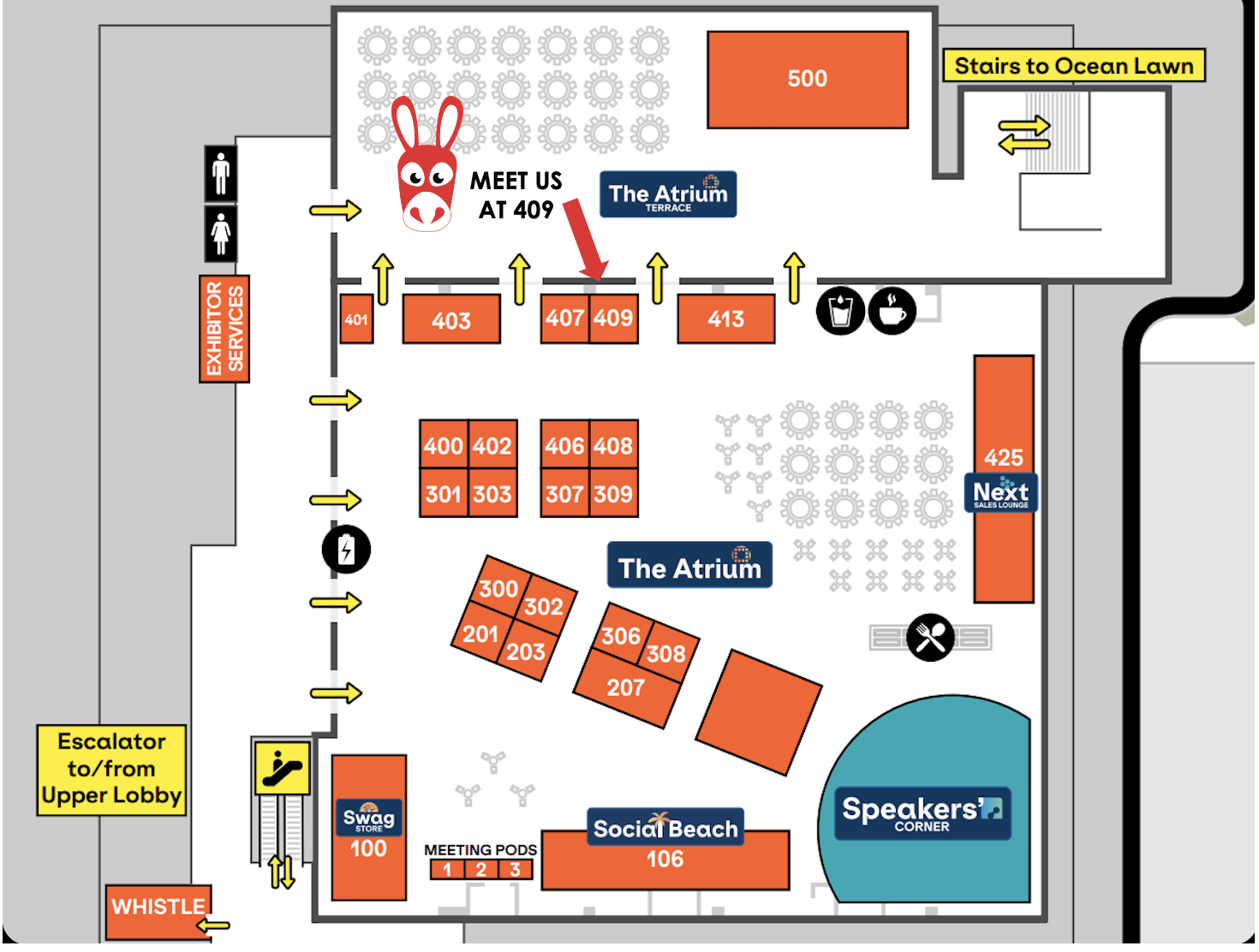 Map showing Booth 409 location in the Atrium